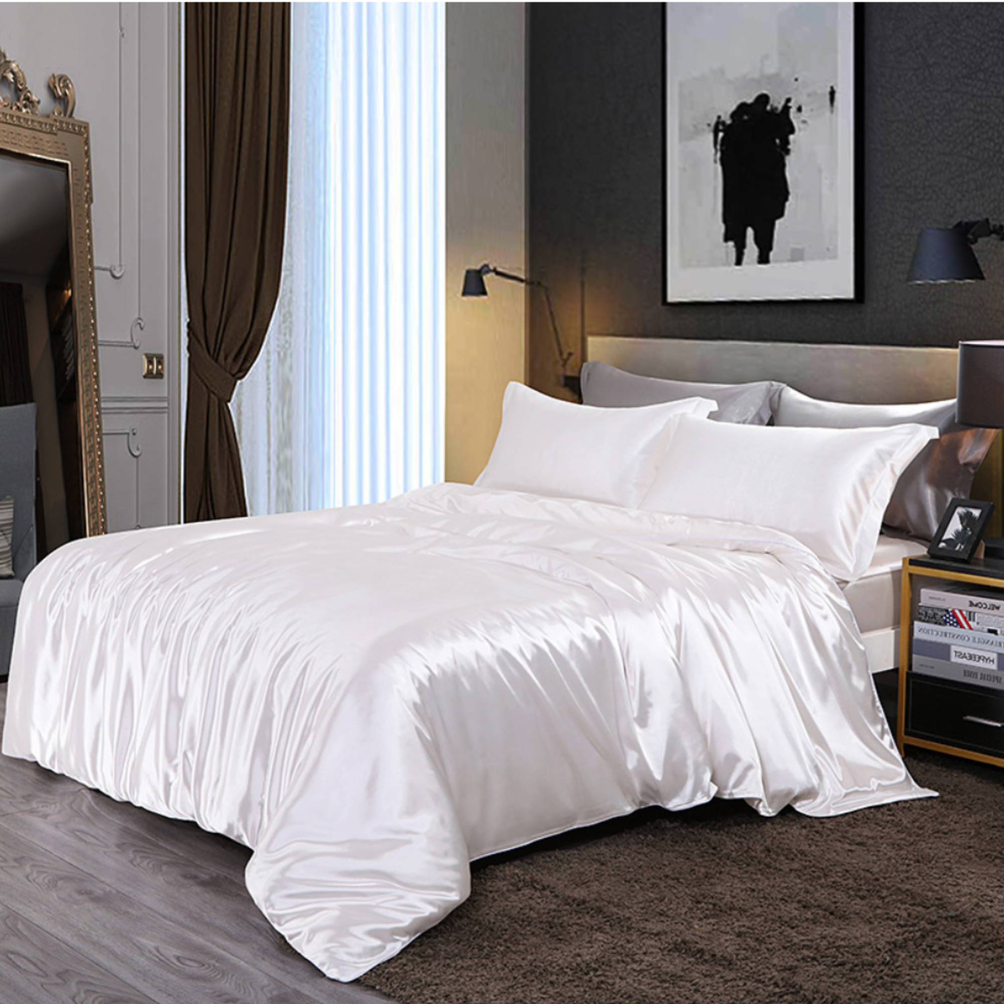 4Pcs Silk Set Duvet Cover+Fitted Sheet+2x Pillowcases